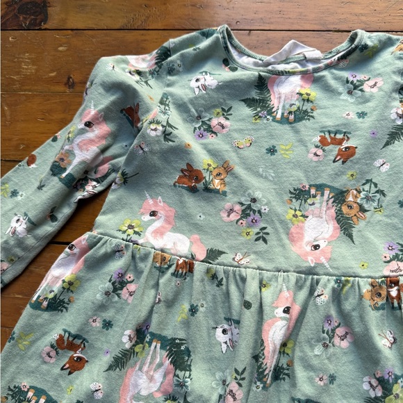 3 FOR $15 H&M long sleeve jersey dress green unicorn woodland print - 6-8 yrs - Picture 2 of 4